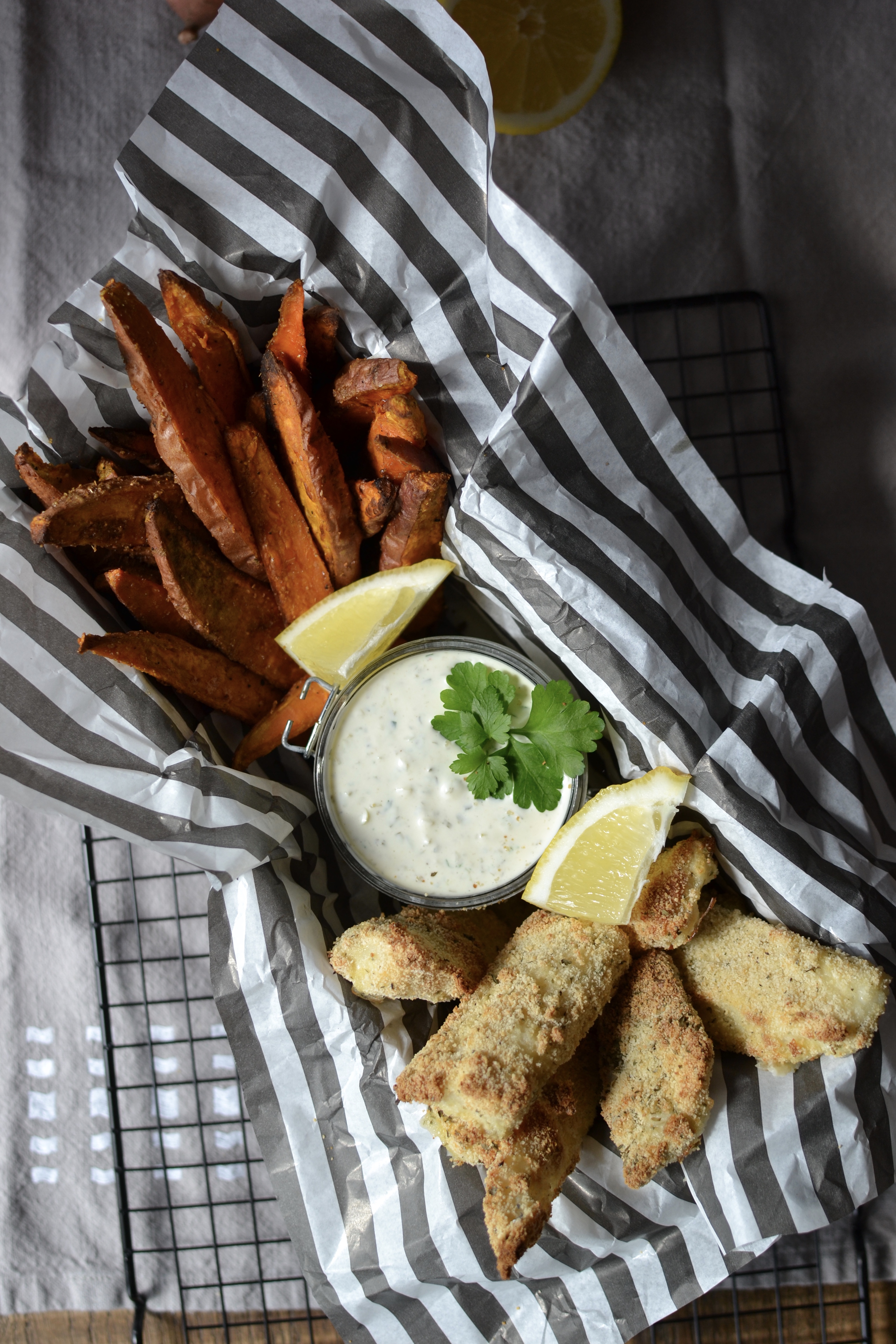 Fishstick et frites de patates douces, to share